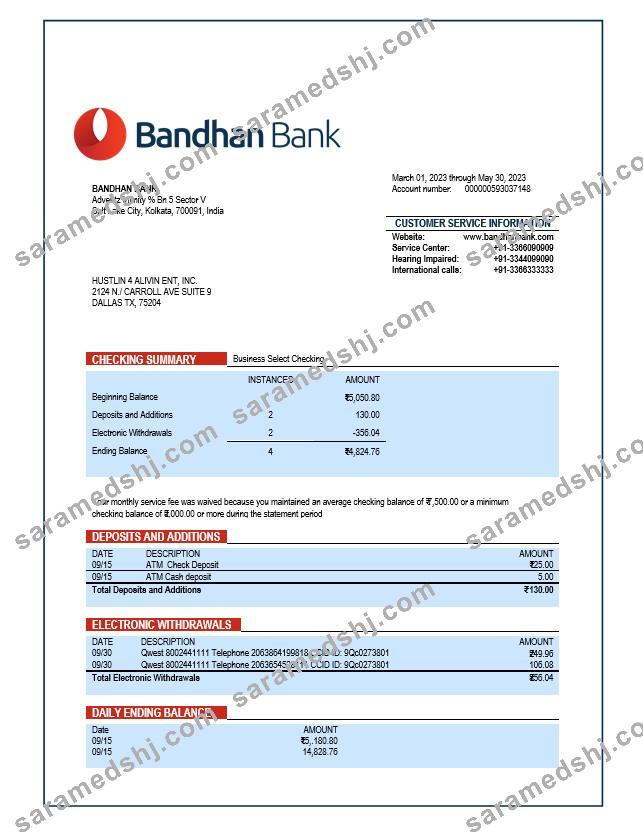 Bandhan Bank organization account statement Word and PDF template
